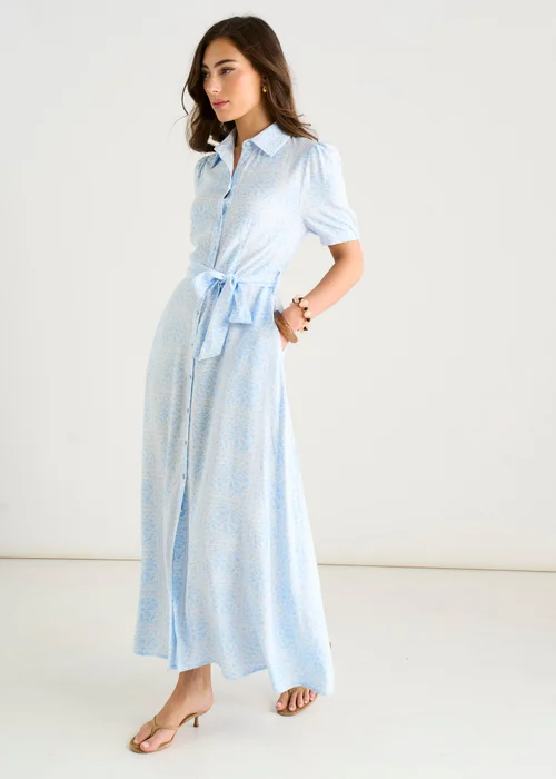 Gini London Cotton Mix Blue Tile Print Button Through Maxi Shirt Dress - 14 Image 5