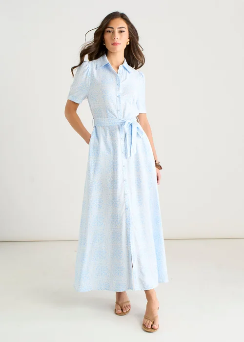 Gini London Cotton Mix Blue Tile Print Button Through Maxi Shirt Dress - 14 Image 2