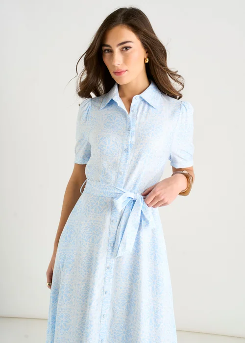 Gini London Cotton Mix Blue Tile Print Button Through Maxi Shirt Dress - 14 Image 4