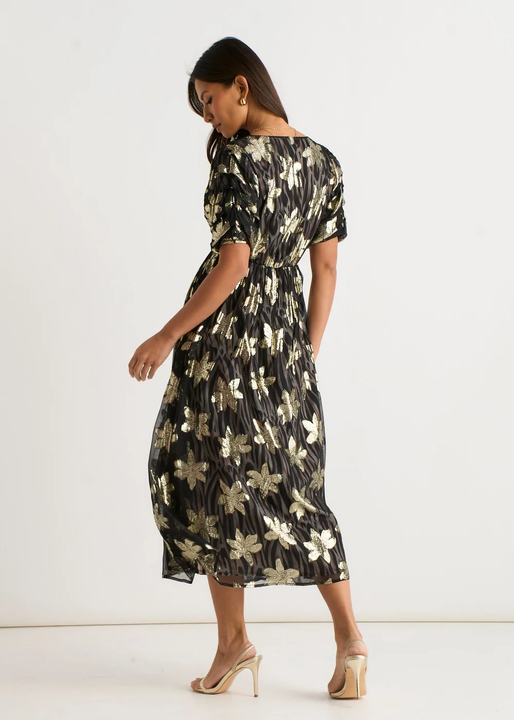 Gini London Black Floral Sparkle Animal Wrap Front Dress - 14 Image 3