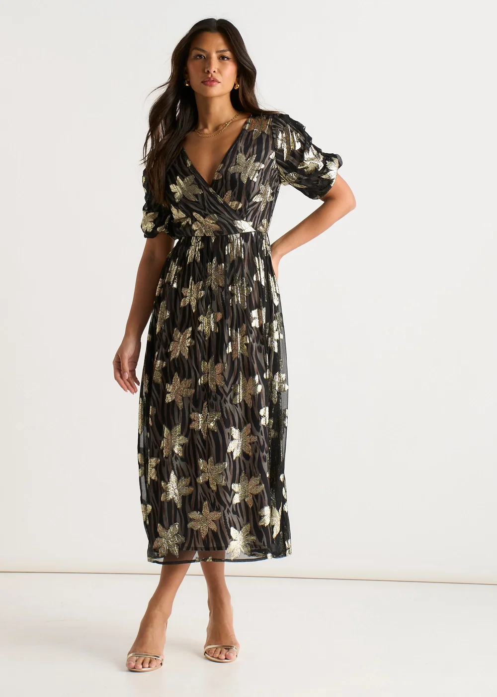 Gini London Black Floral Sparkle Animal Wrap Front Dress - 14 Image 2