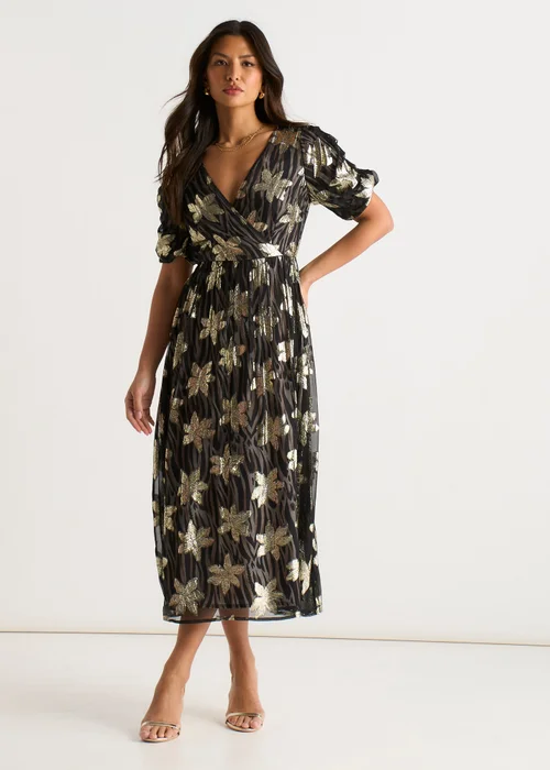 Gini London Black Floral Sparkle Animal Wrap Front Dress - 14 Image 2