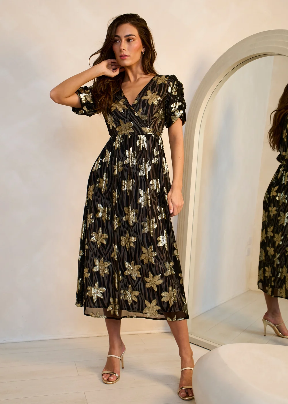 Gini London Black Floral Sparkle Animal Wrap Front Dress - 14 Image 1