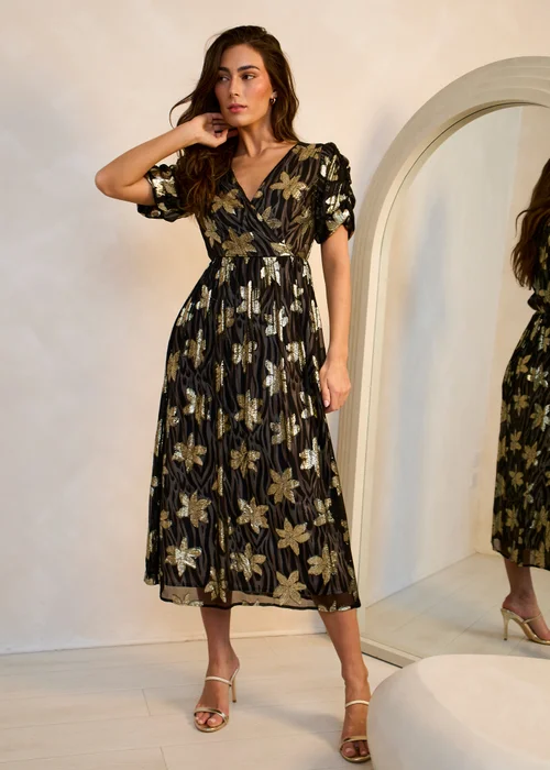 Gini London Black Floral Sparkle Animal Wrap Front Dress - 14 Image 1