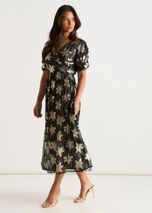 Gini London Black Floral Sparkle Animal Wrap Front Dress - 14 Image 5