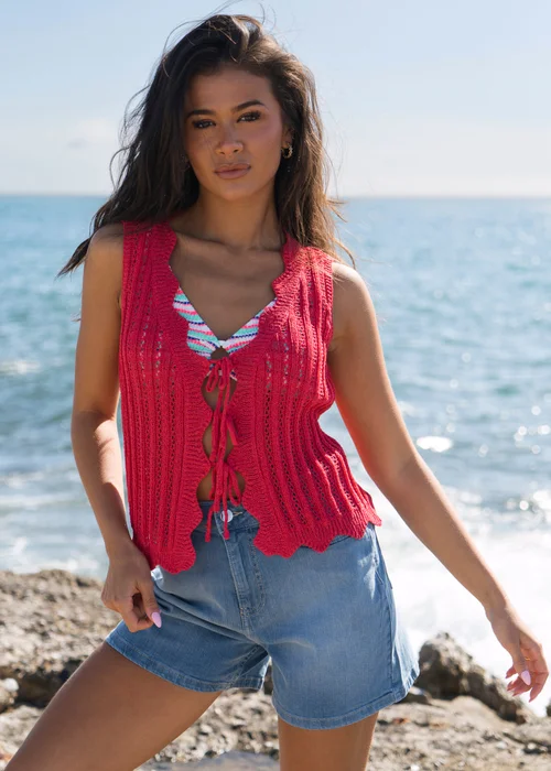 Gini London Pink Scallop Crochet Tie Front Waistcoat - S/M Image 1