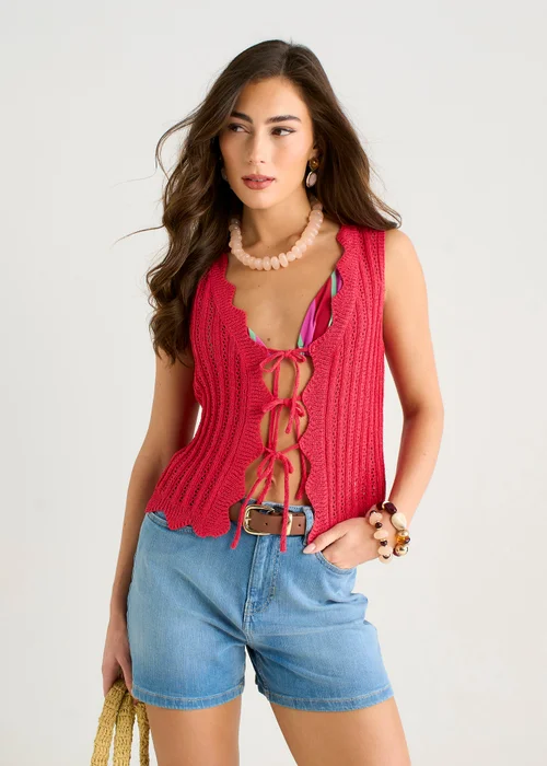 Gini London Pink Scallop Crochet Tie Front Waistcoat - S/M Image 4