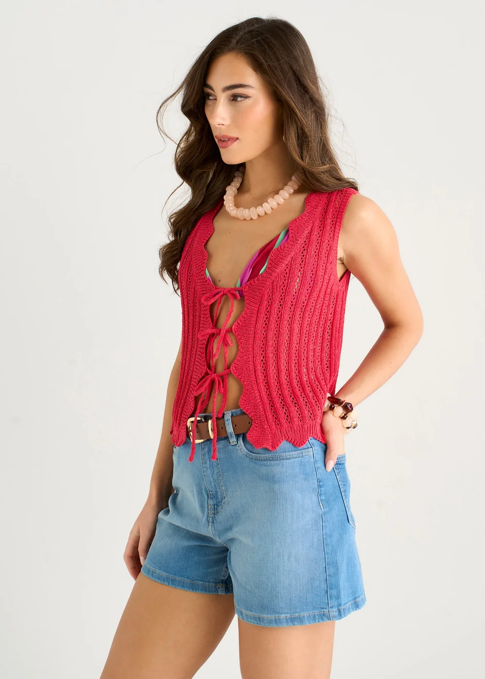 Gini London Pink Scallop Crochet Tie Front Waistcoat - S/M Image 5