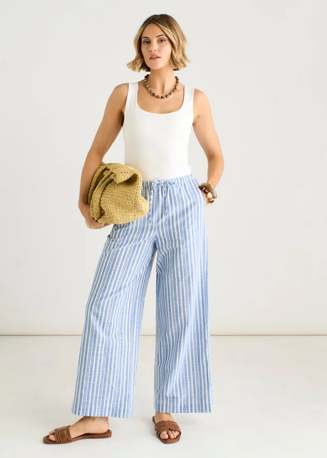 Gini London Blue Stripe Linen Mix Stripe Trousers