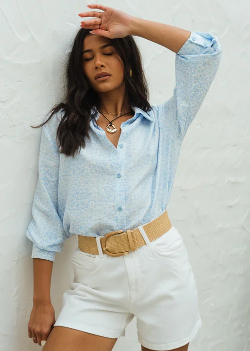 Gini London Cotton Mix Blue Tile Print Button Through Shirt - S/M Image 1