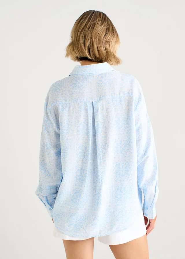 Gini London Cotton Mix Blue Tile Print Button Through Shirt