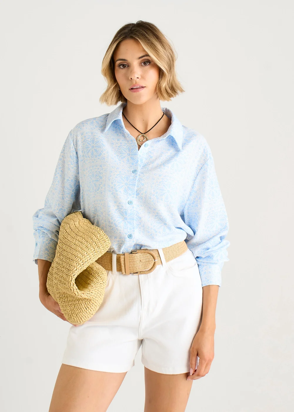 Gini London Cotton Mix Blue Tile Print Button Through Shirt - S/M Image 4