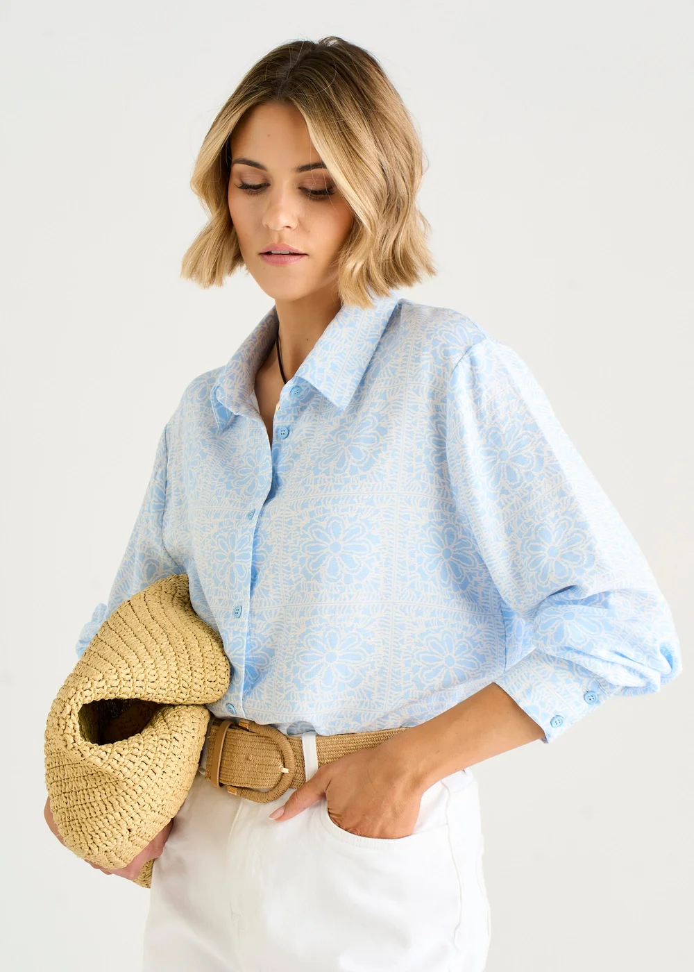 Gini London Cotton Mix Blue Tile Print Button Through Shirt - S/M Image 5