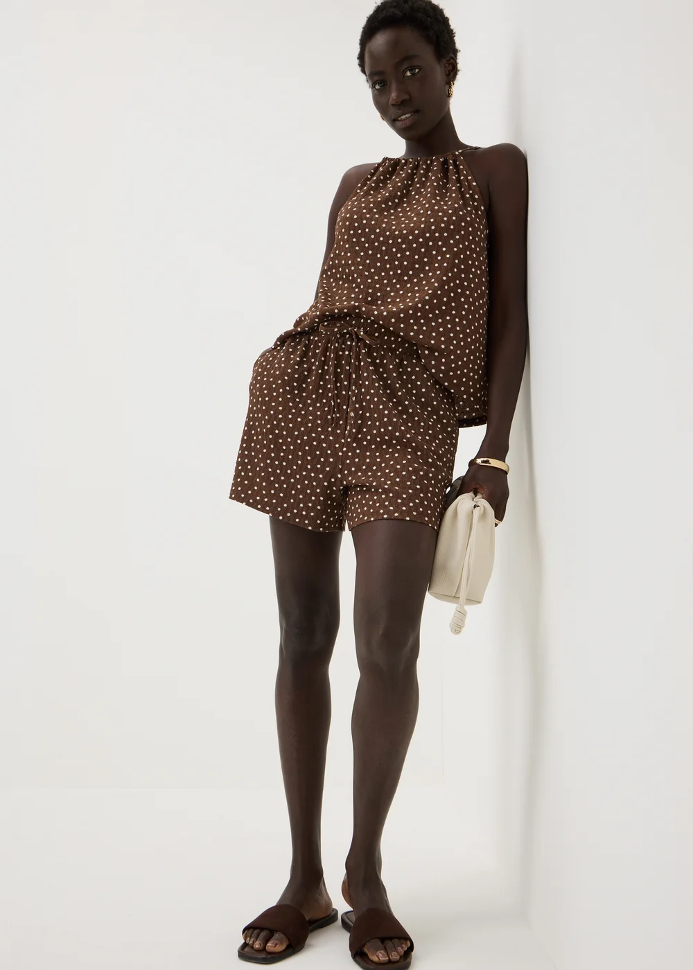 Chocolate Brown Polka Dot Co Ord Shorts - S Image 1