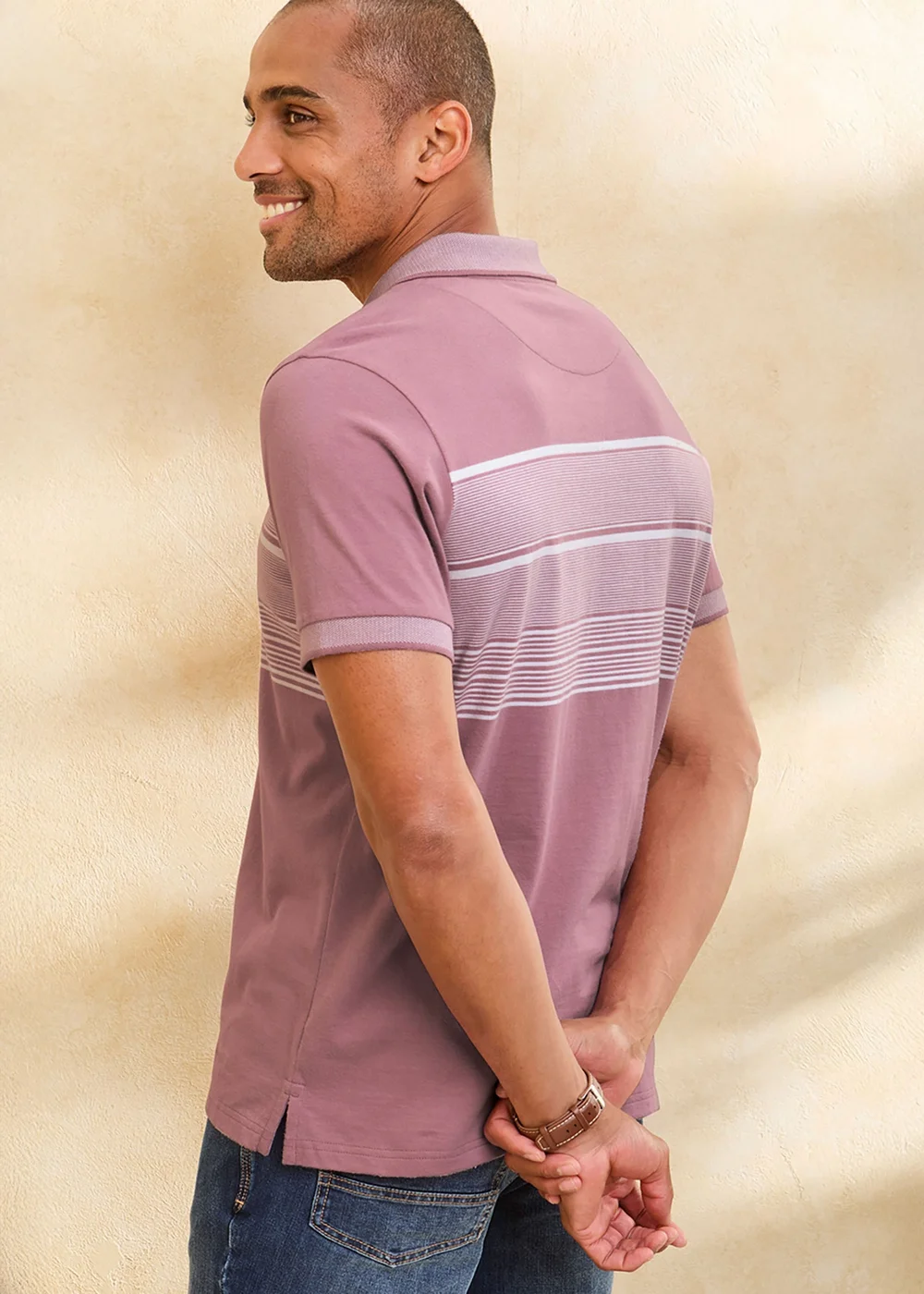 Cotton Traders Pink Heather Short Sleeve Stripe Jersey Polo Shirt - 3XL Image 3