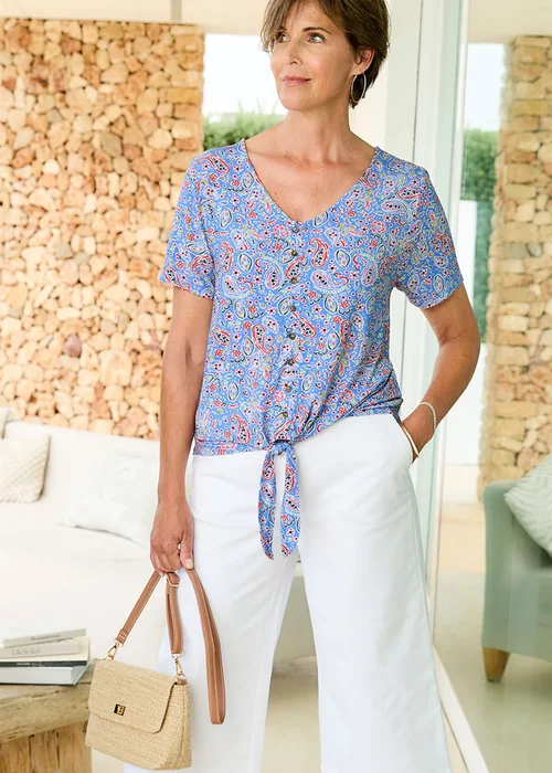 Cotton Traders Pearl Blue Tie Front Jersey Top - 16 Image 1