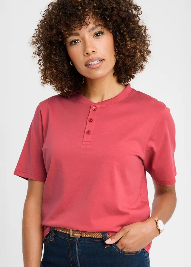 Cotton Traders Deep Coral Grandad T-Shirt