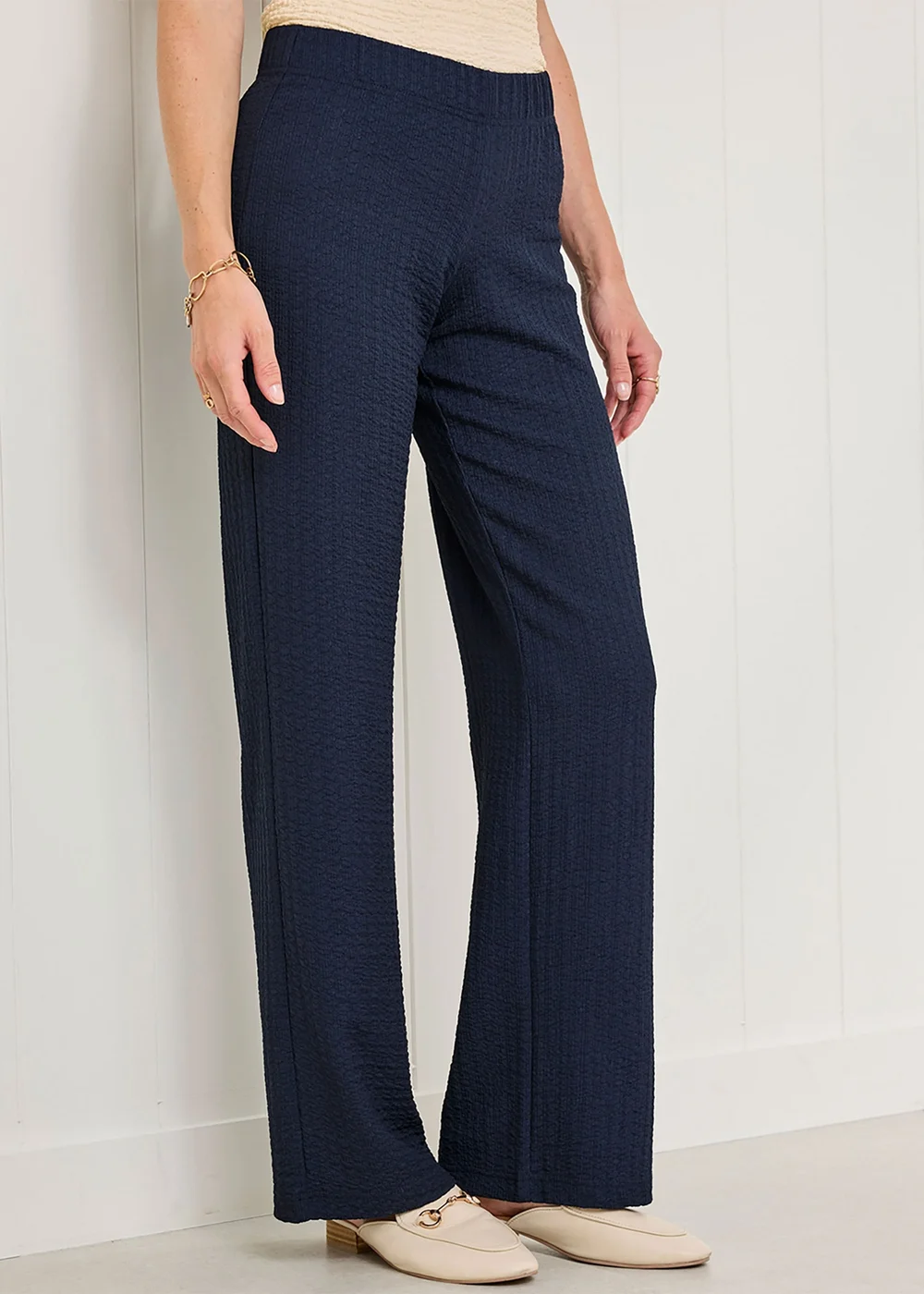 Cotton Traders Midnight Blue Textured Jersey Trousers - 10/L29 Image 1
