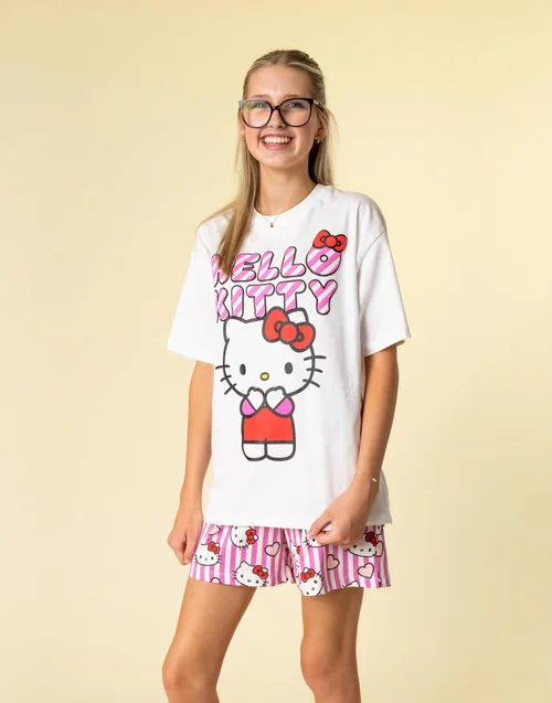 Vanilla Underground Hello Kitty Girls Pink Hearts & Bows Multi-Pack Of 2 Short Sleeve & Leg Pyjama Set (3-14 Years) - 11-12 Yrs Image 3
