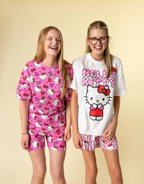 Vanilla Underground Hello Kitty Girls Pink Hearts & Bows Multi-Pack Of 2 Short Sleeve & Leg Pyjama Set (3-14 Years) - 11-12 Yrs Image 2