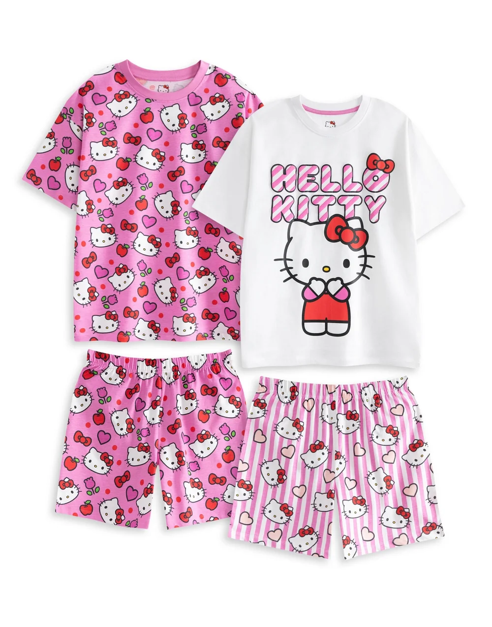 Vanilla Underground Hello Kitty Girls Pink Hearts & Bows Multi-Pack Of 2 Short Sleeve & Leg Pyjama Set (3-14 Years) - 11-12 Yrs Image 1