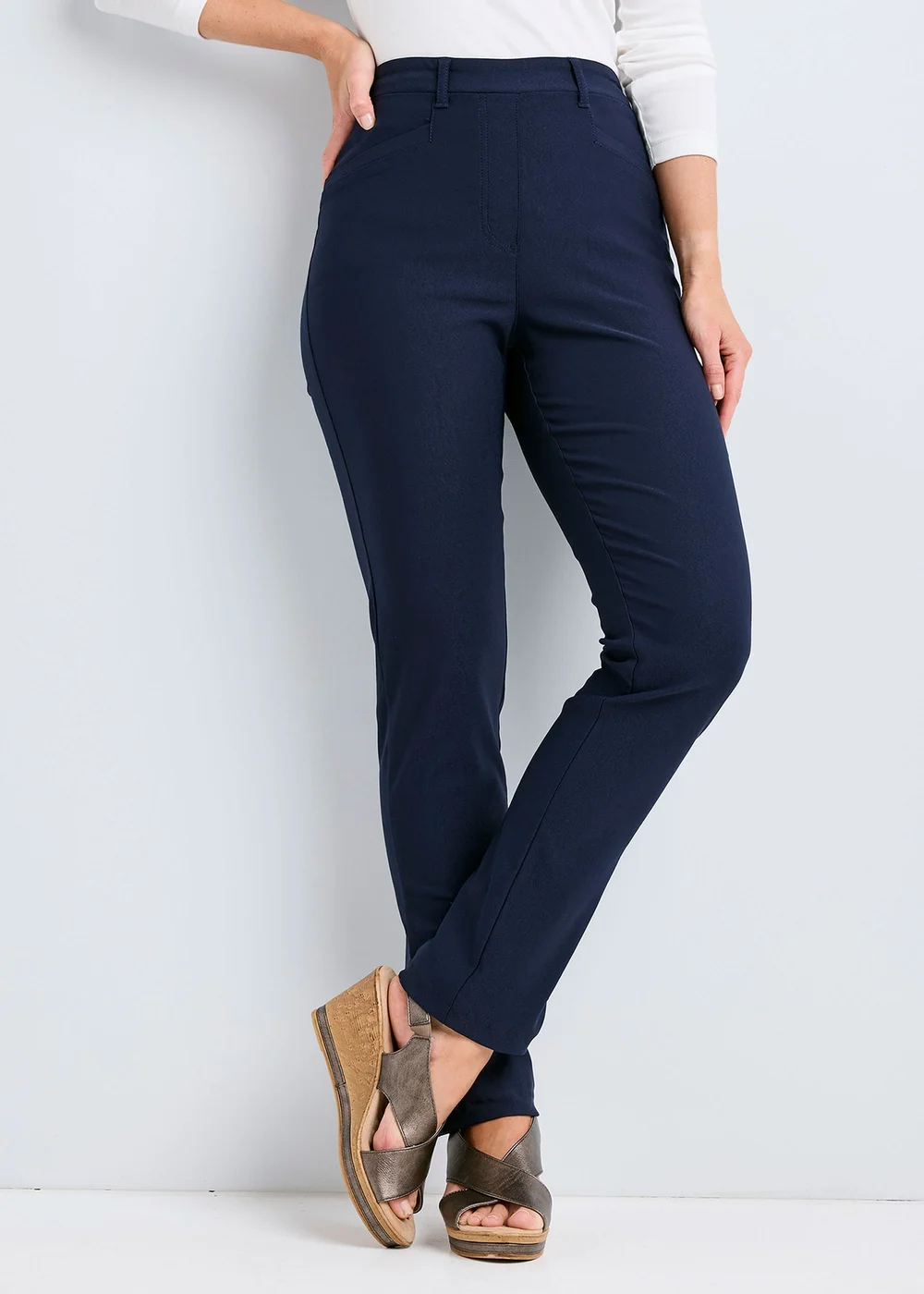 Cotton Traders Dark Blue Super Stretchy Pull On Slim Leg Trousers - 18/L29 Image 1