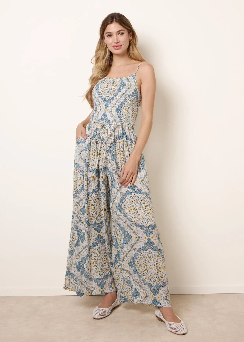 Blue Vanilla Blue Shirred Drawstring Jumpsuit - M Image 1