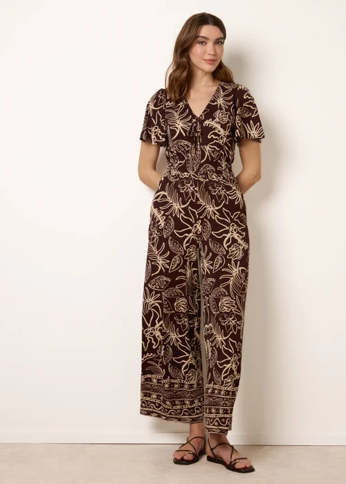 Blue Vanilla Brown Tropical Print Shirred Waist Elasticated Round Neck Jumpsuit - S Image 1