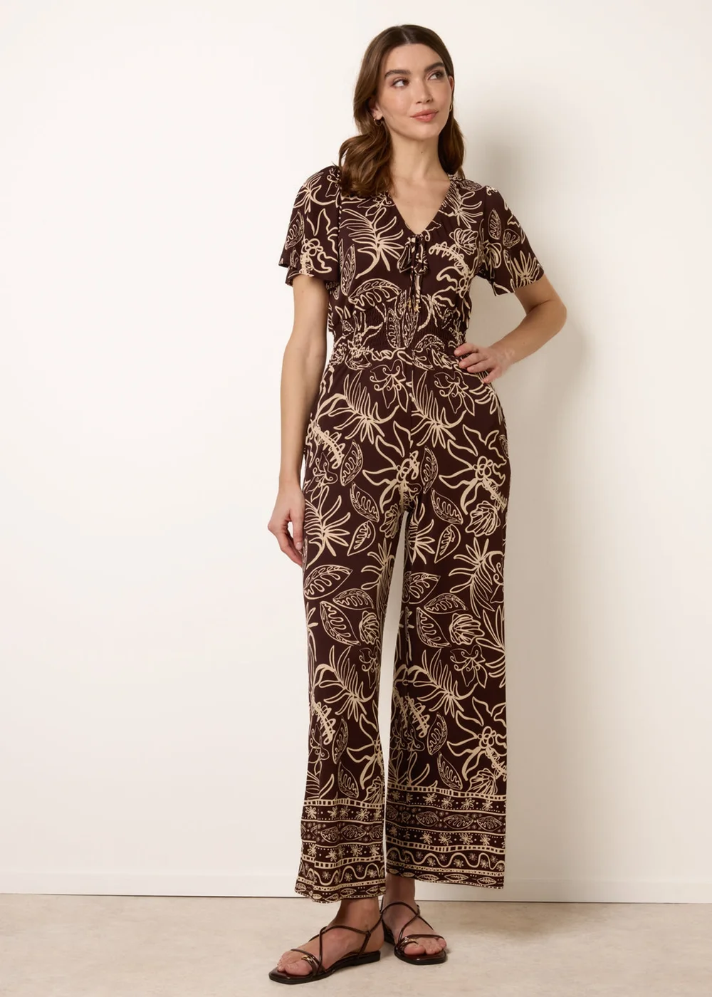 Blue Vanilla Brown Tropical Print Shirred Waist Elasticated Round Neck Jumpsuit - S Image 3