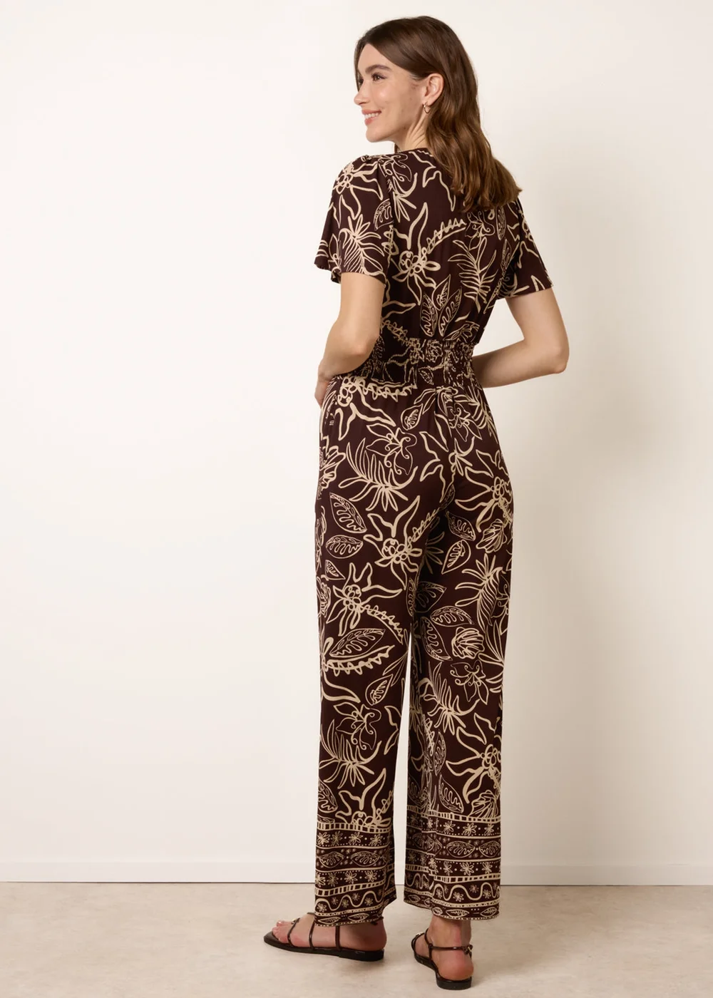 Blue Vanilla Brown Tropical Print Shirred Waist Elasticated Round Neck Jumpsuit - S Image 4
