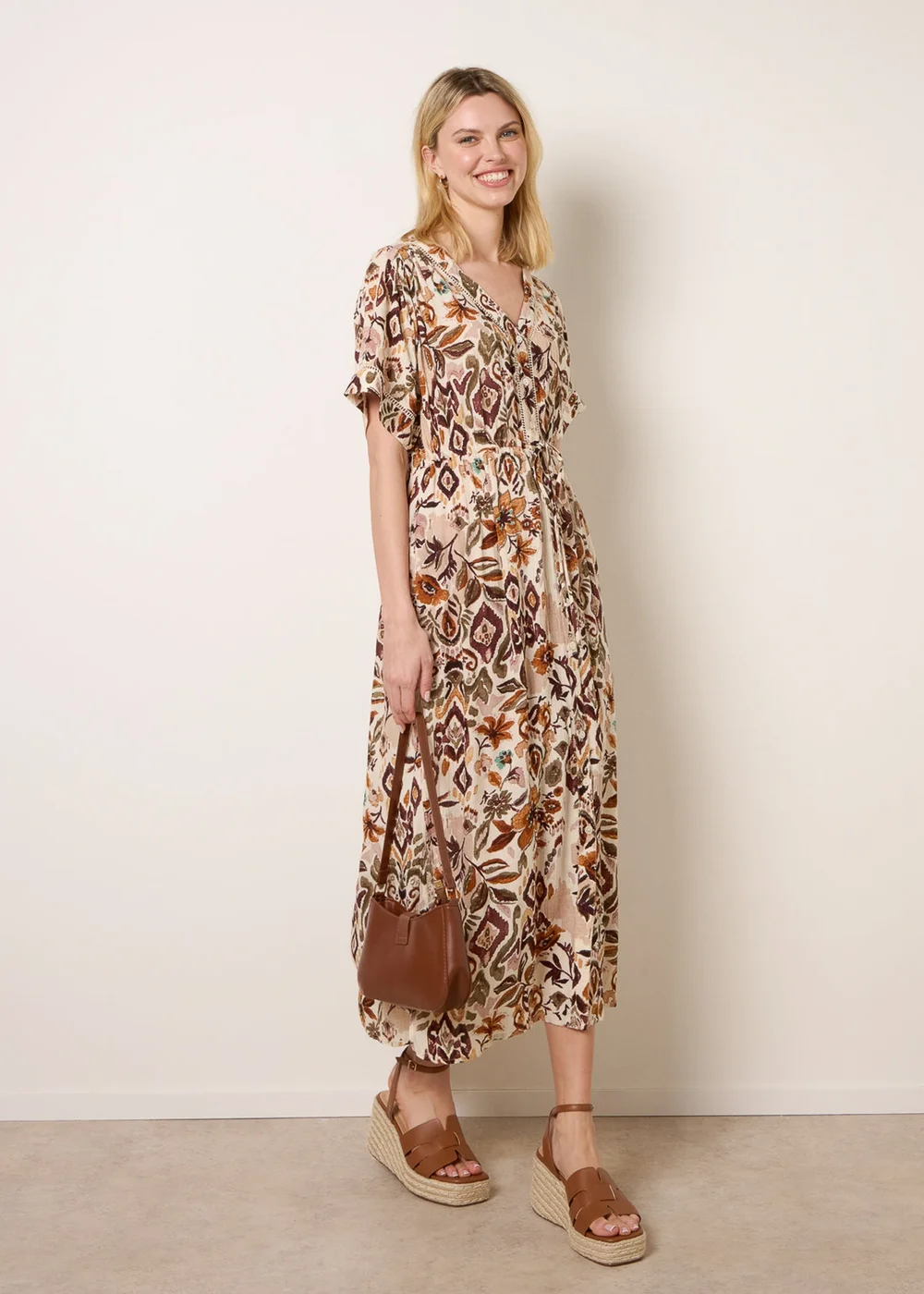 Blue Vanilla Brown Printed Drawstring Waist Midi Dress - S Image 1
