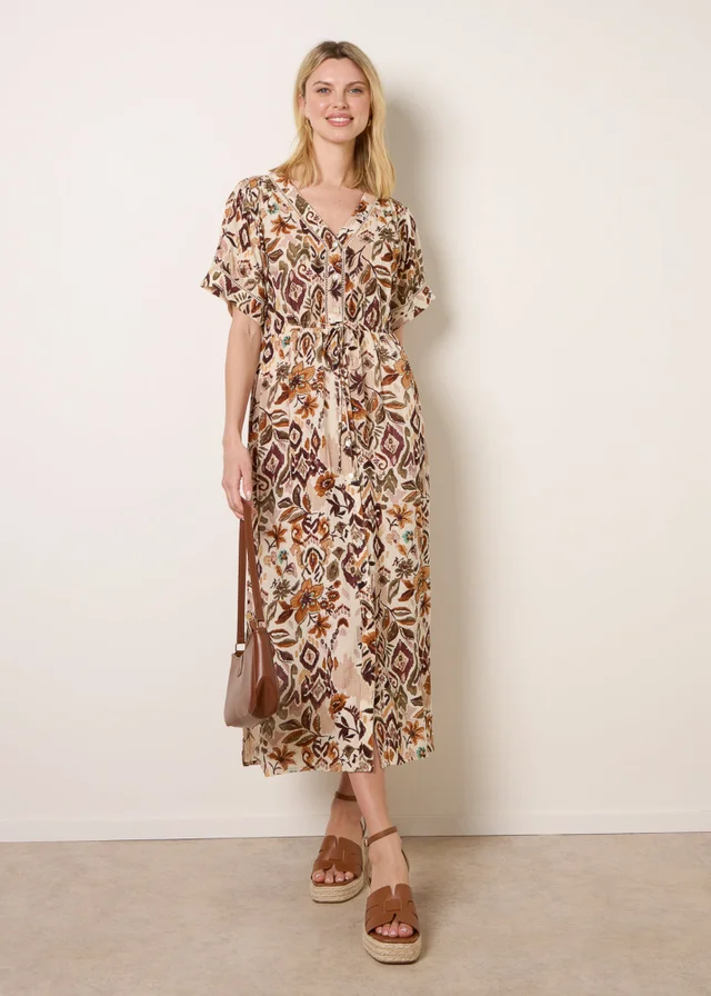 Blue Vanilla Brown Printed Drawstring Waist Midi Dress