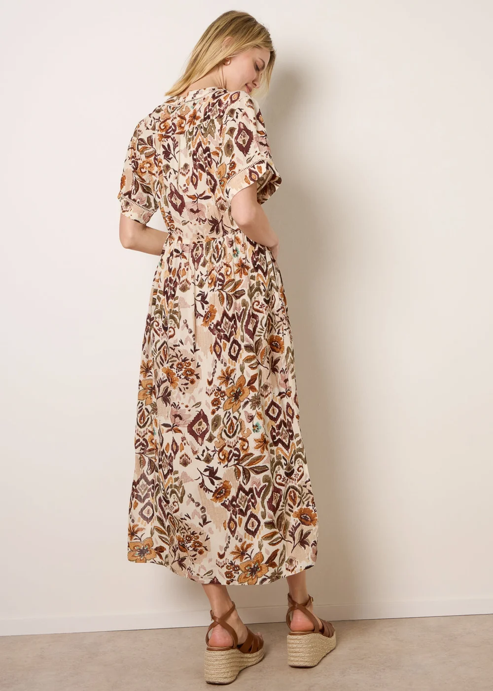 Blue Vanilla Brown Printed Drawstring Waist Midi Dress - S Image 4