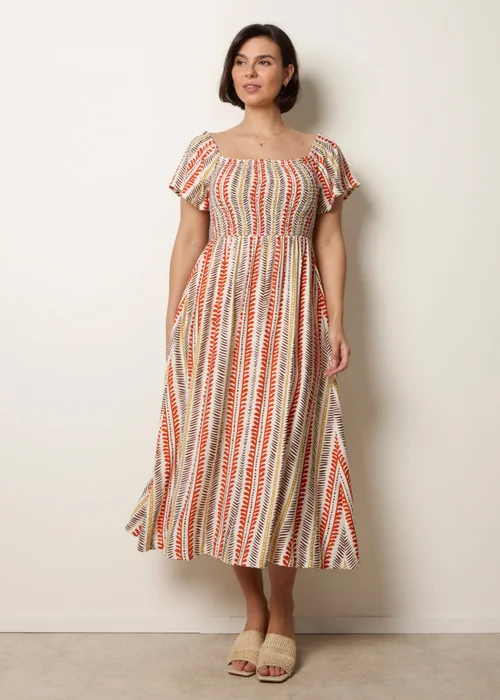 Blue Vanilla Orange Short Sleeve Shirred Waist Abstract Print Dress - S Image 5