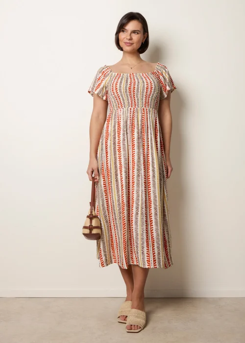 Blue Vanilla Orange Short Sleeve Shirred Waist Abstract Print Dress - S Image 4