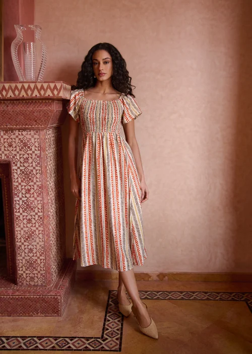 Blue Vanilla Orange Short Sleeve Shirred Waist Abstract Print Dress - S Image 1