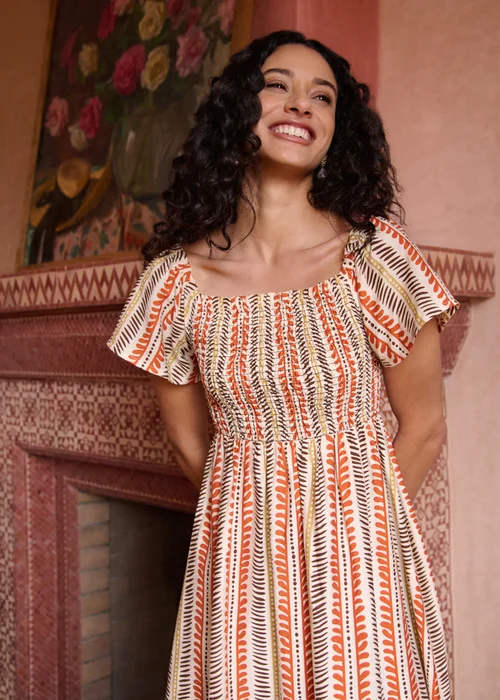 Blue Vanilla Orange Short Sleeve Shirred Waist Abstract Print Dress - S Image 2