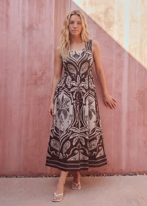 Blue Vanilla Brown Sleeveless Shirred Dress - M/L Image 1