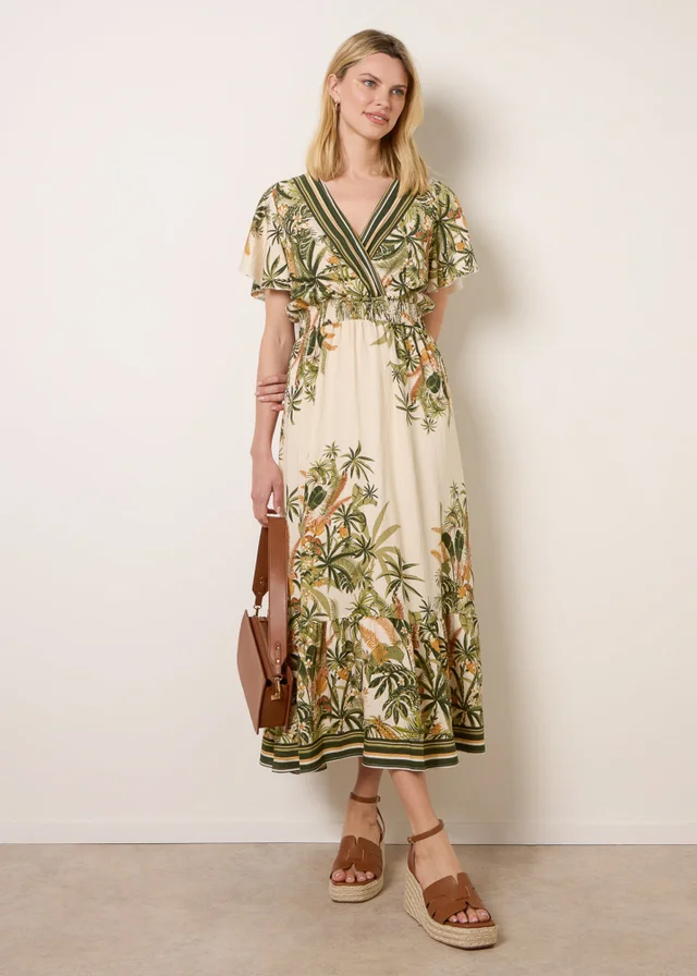 Blue Vanilla Green Tropical Print Wrap Front Dress