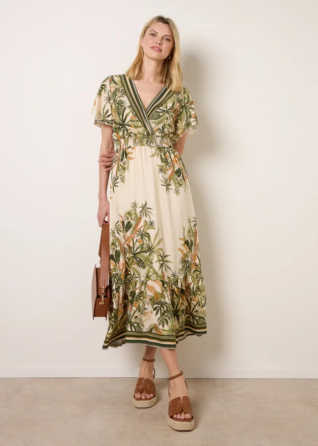 Blue Vanilla Green Tropical Print Wrap Front Dress