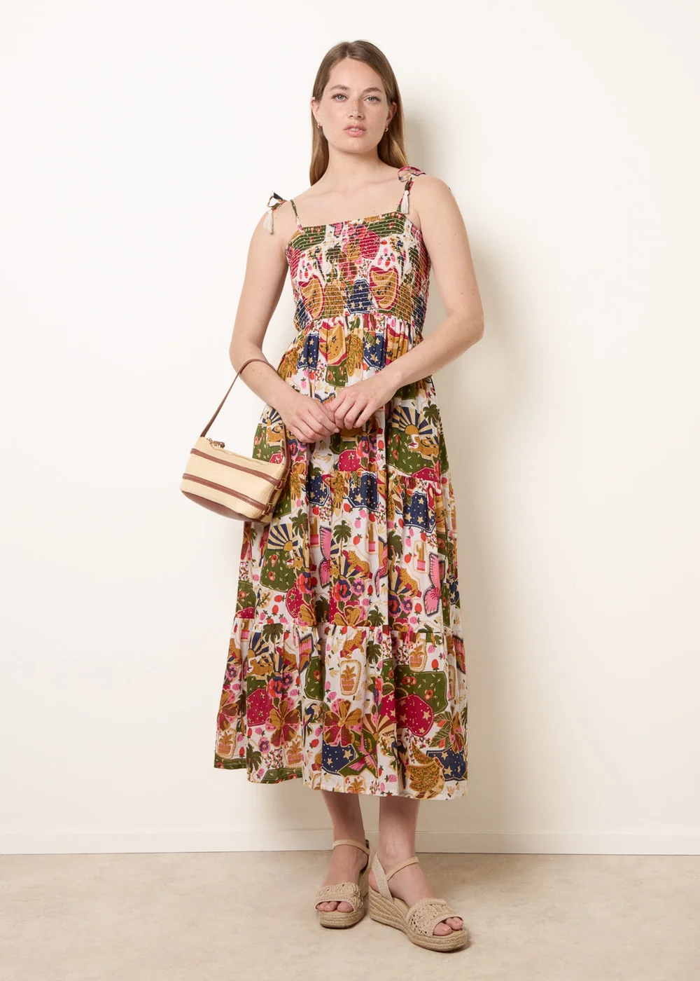Blue Vanilla White Bold Print Shirred Waist Dress - M Image 1