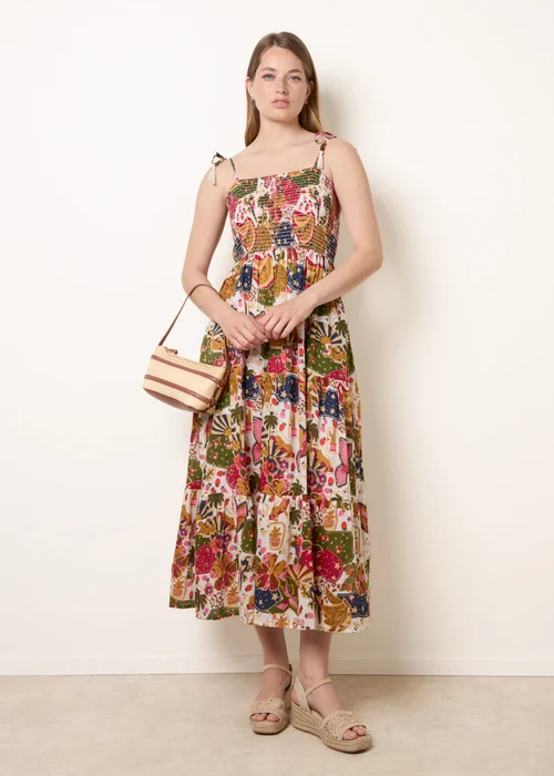 Blue Vanilla White Bold Print Shirred Waist Dress - M Image 1