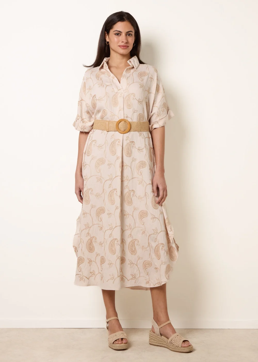 Blue Vanilla Beige Tunic Style Button Front Dress With Paisley Embroidery - One Size Image 1