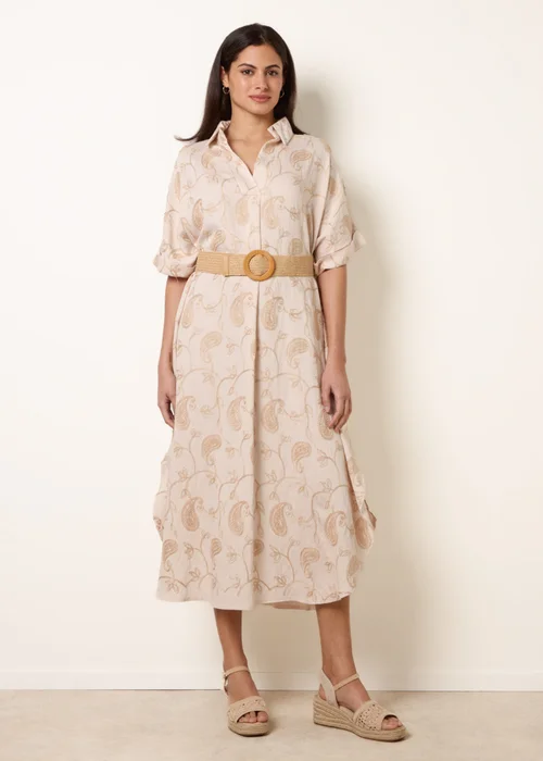 Blue Vanilla Beige Tunic Style Button Front Dress With Paisley Embroidery - One Size Image 1