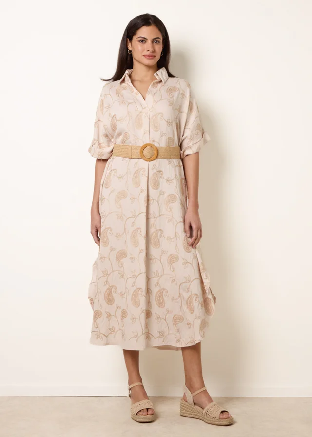 Blue Vanilla Beige Tunic Style Button Front Dress With Paisley Embroidery