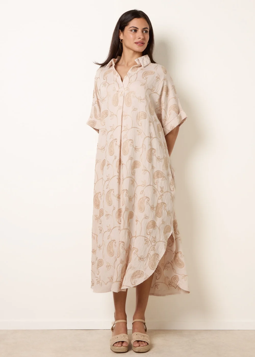 Blue Vanilla Beige Tunic Style Button Front Dress With Paisley Embroidery - One Size Image 2