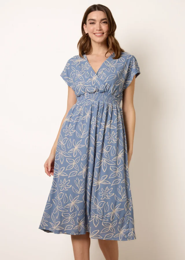 Blue Vanilla Blue Floral Wrap Front Elasticated Waist Midi Dress