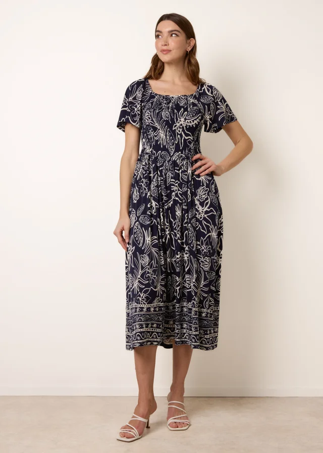 Blue Vanilla Navy Shirred Drop Waist Midi Dress