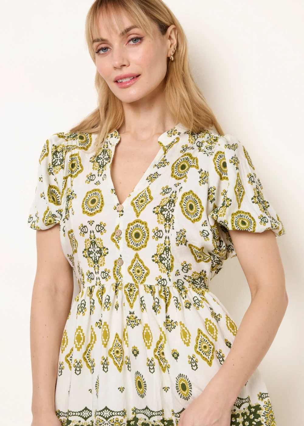 Blue Vanilla Green Abstract Print Button Front Mini Dress - S Image 3