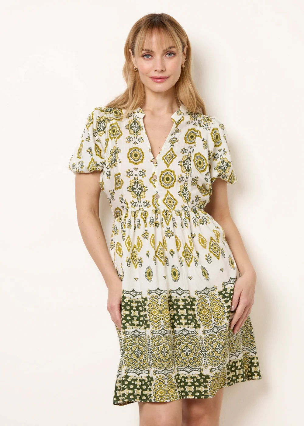 Blue Vanilla Green Abstract Print Button Front Mini Dress - S Image 2